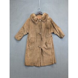 Vintage Brown Suede Medium Leather Coat - Mink Collar - 3/4 Sleeves - 3 Buttons